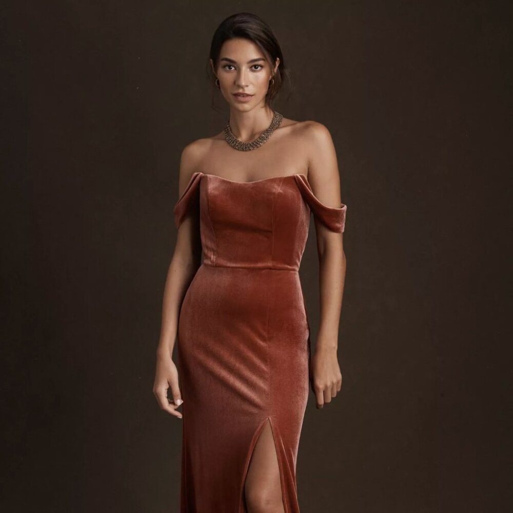 Jenny Yoo Issa Off-The-Shoulder Stretch Velvet Column Gown
